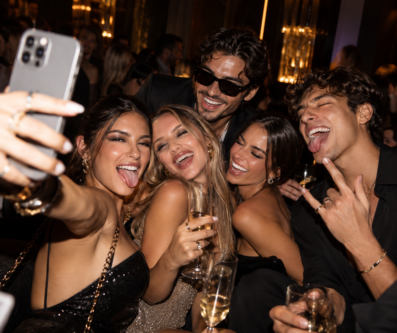 Close-up selfie of stylish guests and influencers celebrating at an elegant VIP party