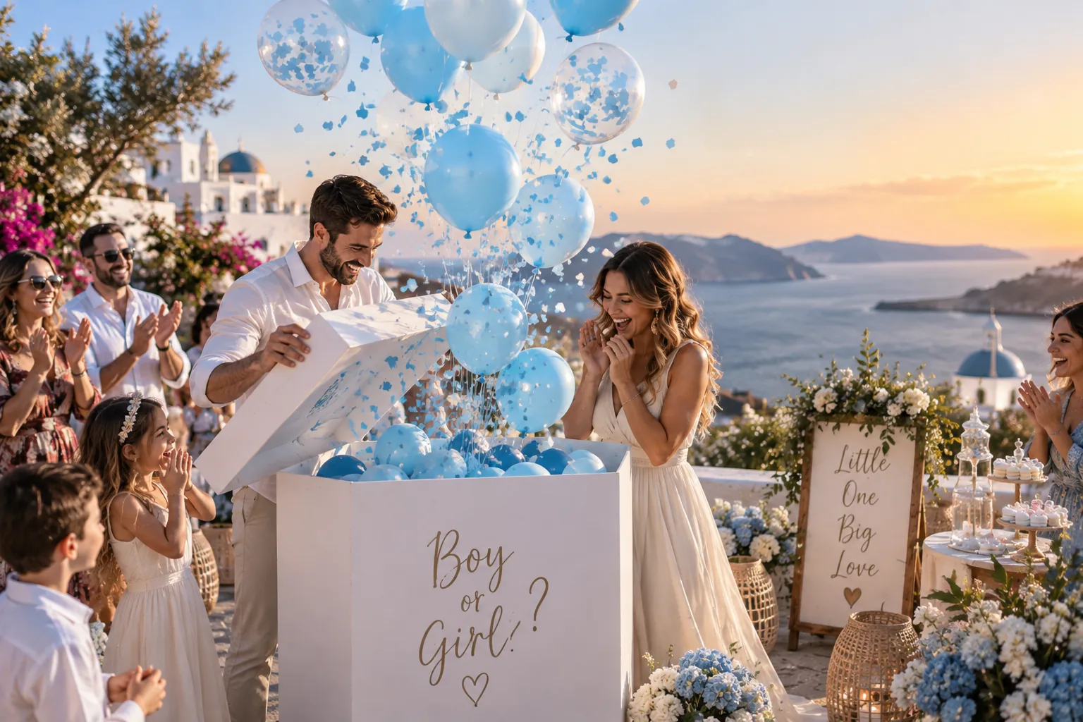 Gender reveal box opening with blue balloons and confetti