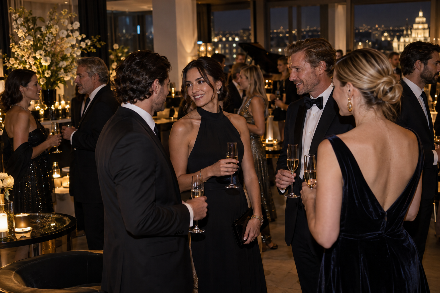 Guests mingling with champagne at an elegant formal VIP social event