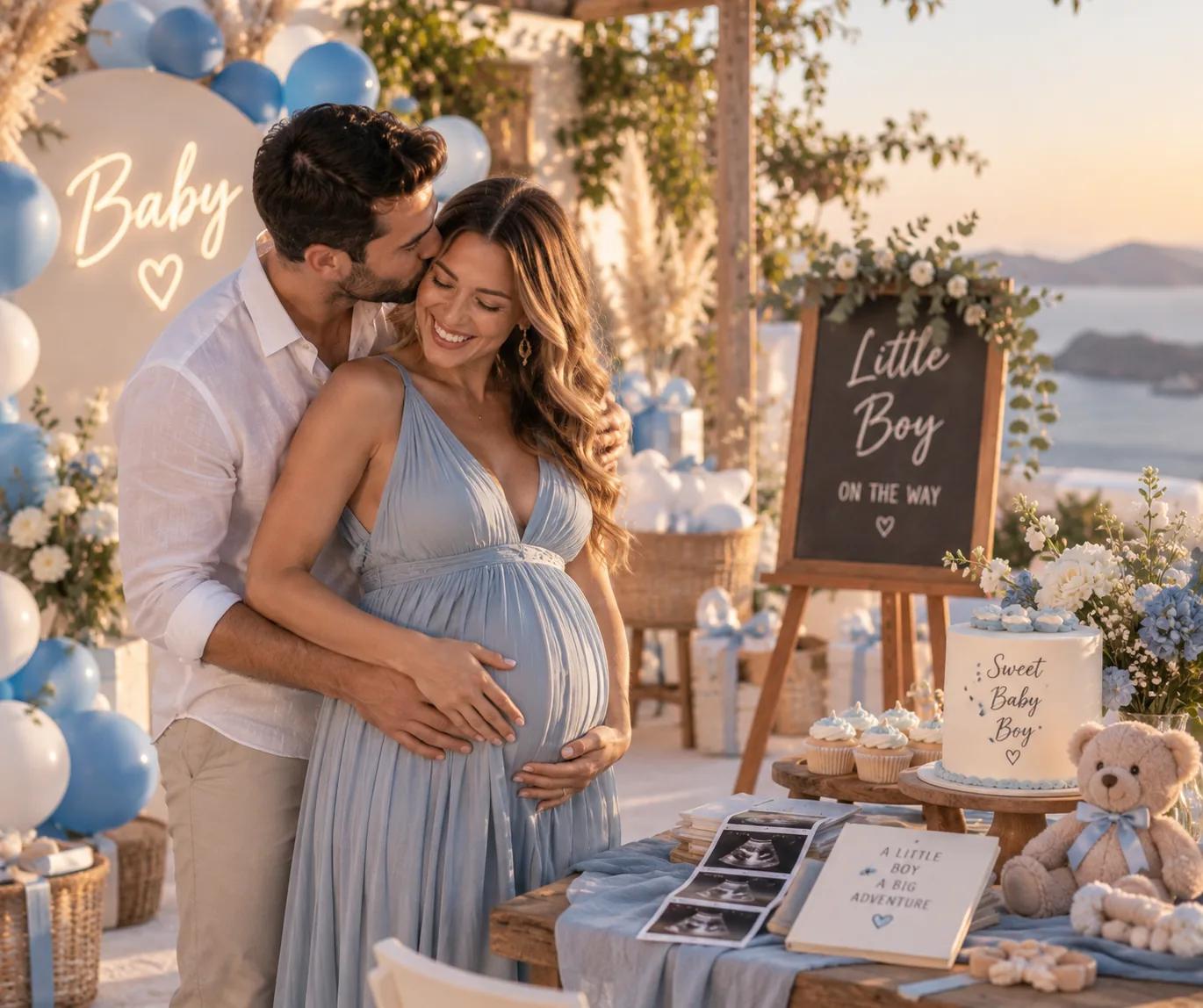 Pregnant couple at a baby boy celebration