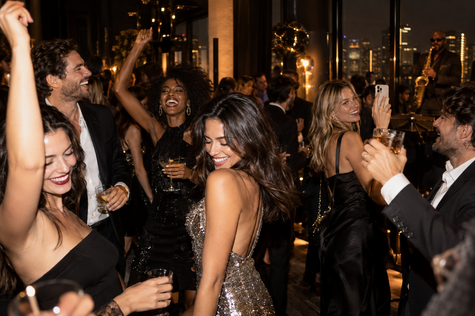 Stylish guests dancing at an elegant VIP social party at night